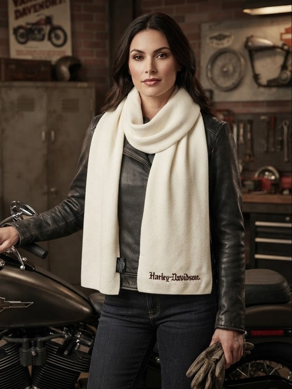 Harley-Davidson Cream Ribbed Knit Embroidered Logo Winter Scarf